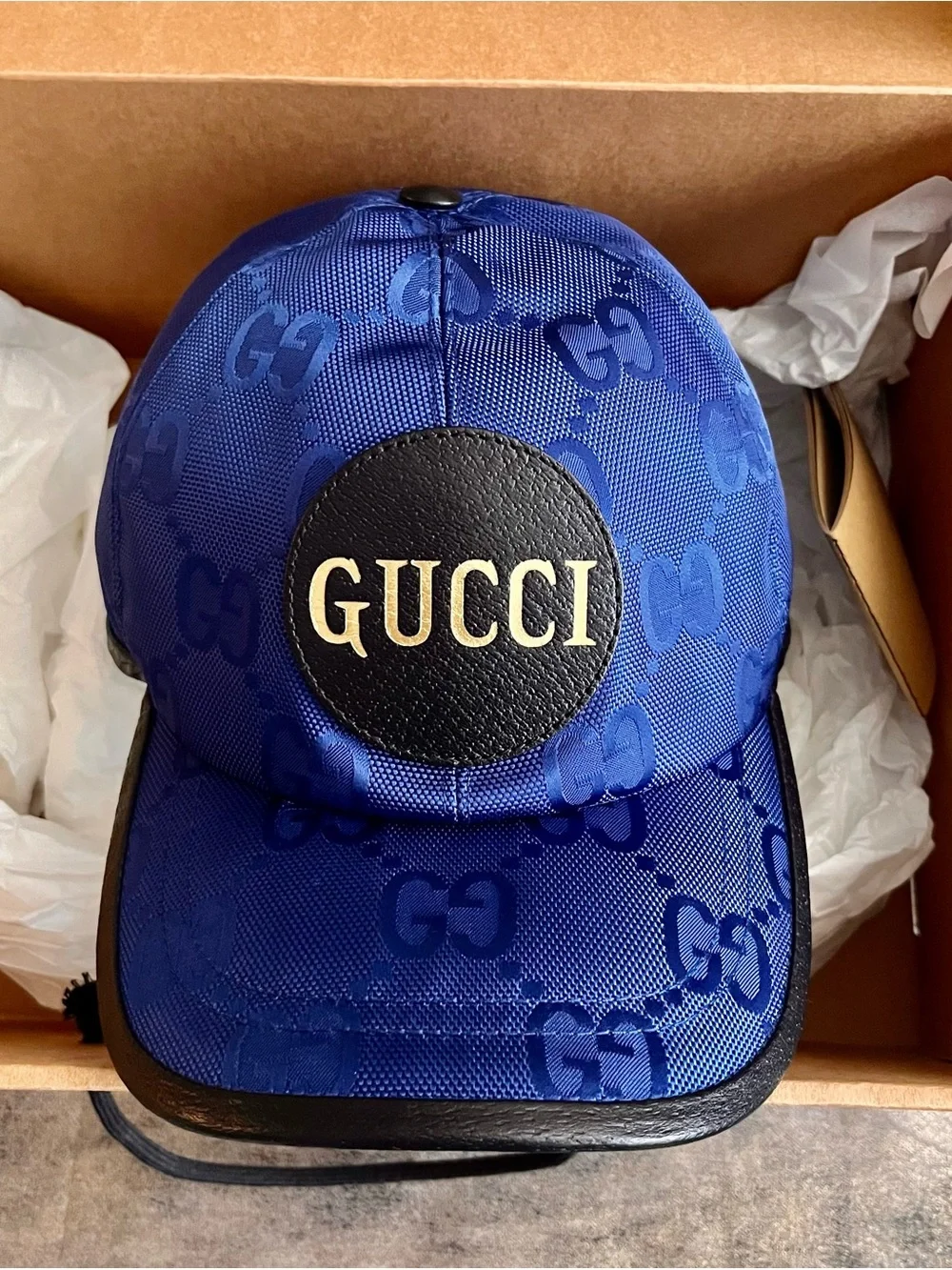 Gucci Blue GG Logo Cap with Black Leather Patch